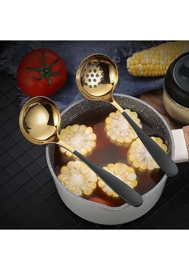 Fastbuy Altın Kaplama Paslanmaz Çelik Kaşık Seti, Büyük Ve Küçük Kaşık, Yemek Pişirmek İçin Metal Kaşık