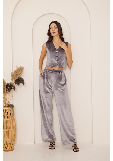 Darlin Moda Kadın Antrasit Yüksek Bel Geniş Paça Kadife Pantolon Dm3002 Antrasit