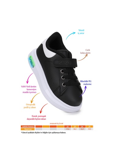 Kiko Kids Tinsa Günlük Cırtlı Işıklı Kız Bebek Spor Ayakkabı Siyah - Beyaz Siyah - Beyaz