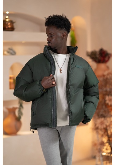 Oversize Bol Kesim Dik Yaka Fermuar Kapamalı Şişme Mont Yeşil