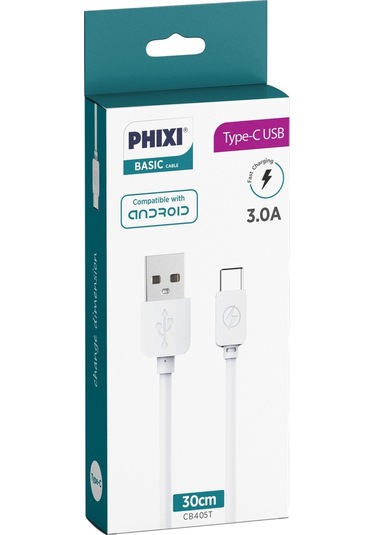Phixi CB405T Basic 30 CM Type-C Usb Şarj Ve Data Kablosu Beyaz