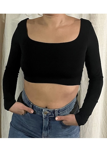 River Island Kadın Siyah Uzun Kollu Kare Yaka Crop Bluz Siyah