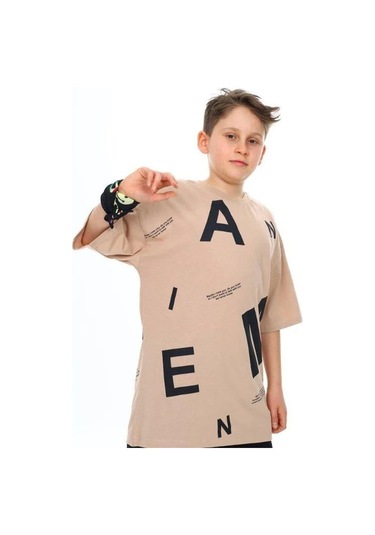 Çocuk Pano Baskılı Tshirt-14543 Kahverengi
