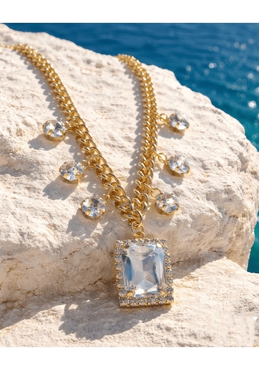 Baget Model Zirkon Taşlı Gold Renkli Çelik Kolye Beyaz
