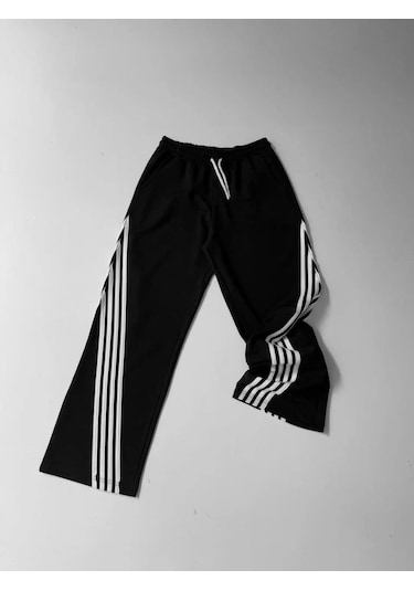 İki İplik Kumaş Şeritli Alt Esofman - Siyah Siyah