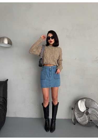 Kadın Mavi Denim Mini Etek Mavi