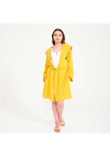 Ördek Nakışlı Kısa Kapüşonlu Müslin Kadın Bornoz-Sarı