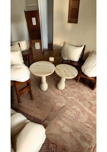 El Yapımı Masif Ahşap Yan Sehpa Seti Naturel Renk 2 Li Zigon