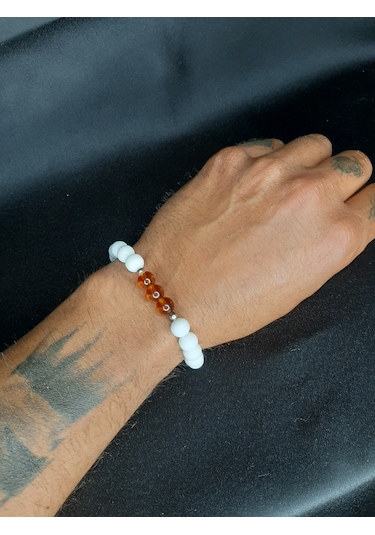 Mryart Unisex Beyaz Boncuklu Kehribar Görünümlü Elastik Bileklik Çok Renkli