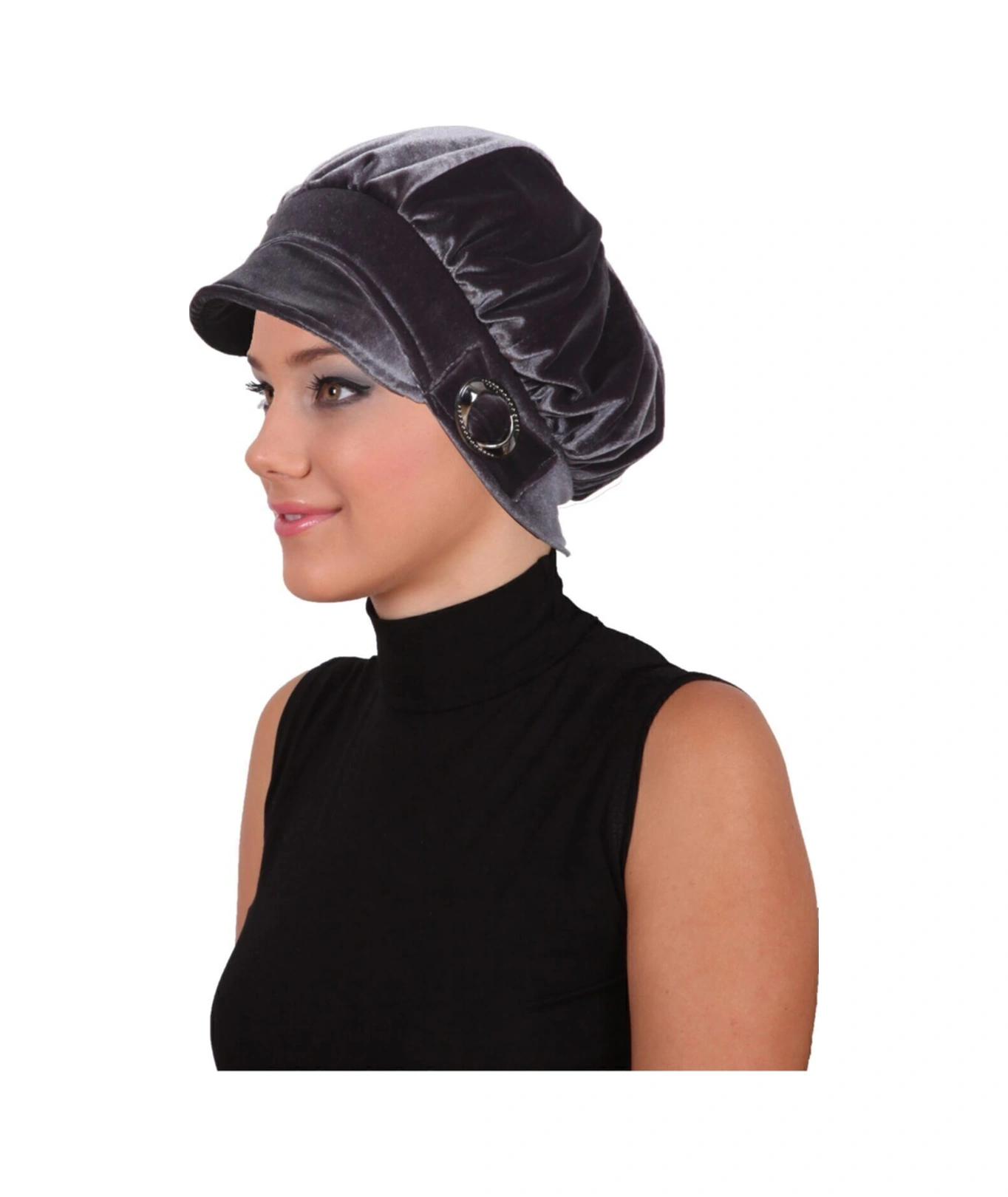 Kadife Şapka Toka Detaylı Füme Hazır Türban Tesettür Bone Füme