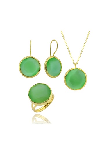 Beyisa Güneş Taşı Serisi Yuvarlak Yeşil Renkli Kadın Otantik Gümüş Üçlü Takı Seti