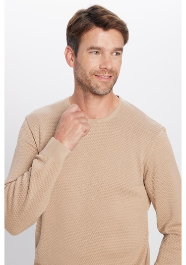 Erkek Slim Fit Dar Kesim Bisiklet Yaka Petek Desenli Taş Triko Kazak-25836 Taş - Ekru