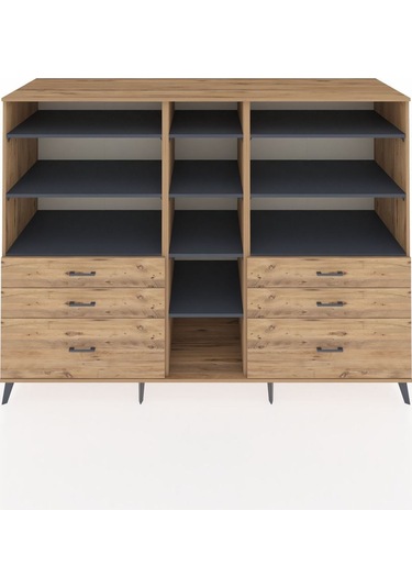 Kronos Dolap 10 Raflı 6 Çekmeceli 220x59x163 Çam-antrasit/çam Çam-antrasit/çam