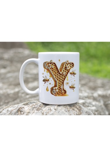 Y Harfi Bal Arısı Tasarım Kupa Bardak - Bal Ve Petek Desenli Kişiye Özel Kahve Kupası - Hediyelik Beyaz