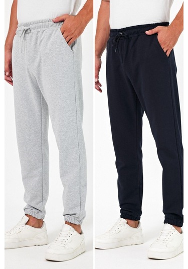 Kalın Siyah-antrasit Erkek 2'li Eşofman Altı Jogger Arka Cepli Lastik Paça Regular Fit Şardonsuz 001