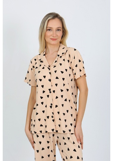 Nisanca Kısa Kollu Milan Gömlek Pijama Takımı- Genç Anne Serisi Bej