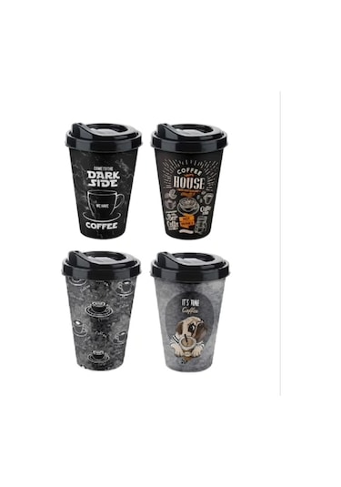 4 Adet Kahve Bardağı - Kapaklı Desenli 400ml