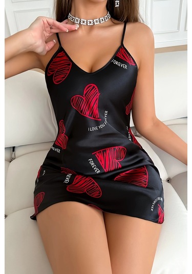 Hello Papana Hello Papana Büyük Kırmızı Kalp Desenli Siyah Saten Gecelik Çok Renkli