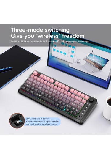 Hxsj L400 Üç Modlu Wireless Rgb Işık Ince Film 81 Tuş Klavye Grafiği Siyah Pembe