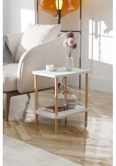 2 Raflı Yan Sehpa Geniş Gazetelik Kitaplık Çiçeklik -beyaz