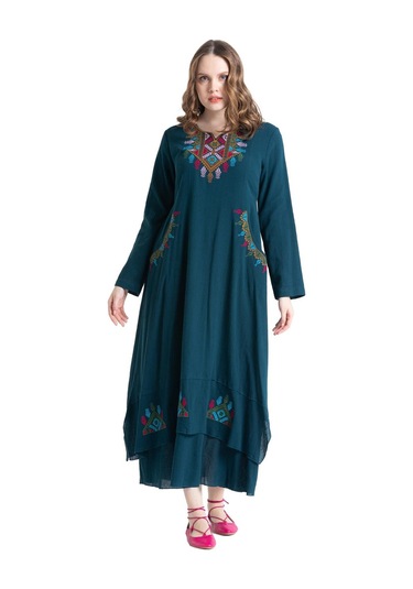 Uzun Kol Şile Bezi Nakışlı Antik Uzun Elbise Petrol Ptrl-petrol Petrol