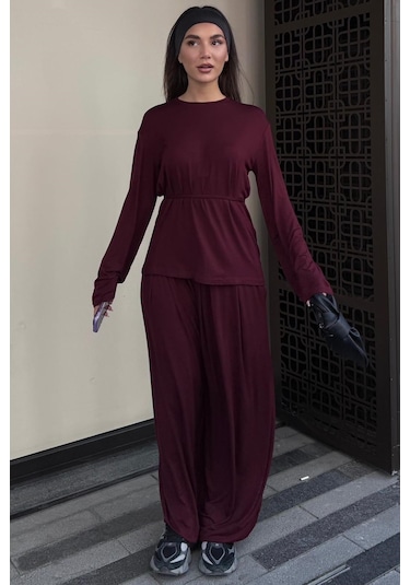 Madmext Bordo Likralı Modal Şalvar Takım Mg2784