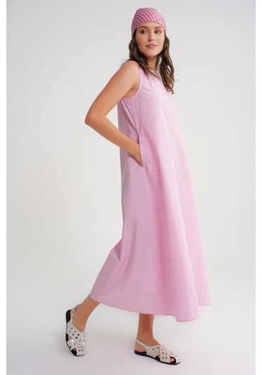 4690 Kadın Bisiklet Yaka Sıfır Kol Midi Paraşüt Elbise Pembe Pembe