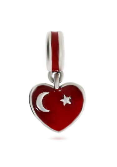 Türk Bayrağı Model Kalp Detay Gümüş Charm Gümüş