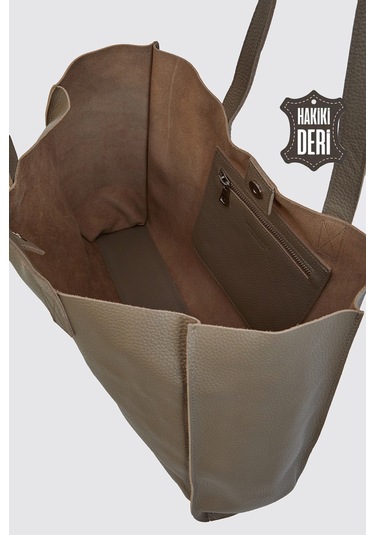 City Tote Hakiki Deri Omuz Çantası Vizon Smr9182 Vizon