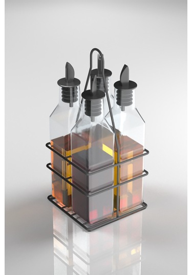 Teknotel 4'lü Cam Şişeli Yağdanlık Sosluk Sirkelik Standı Mat Siyah Mg023 Siyah