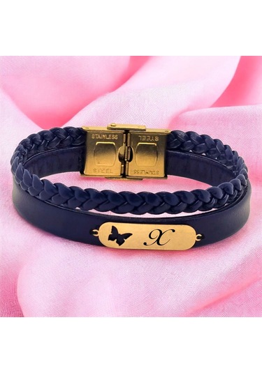Archin X Harfine Özel Lacivert Derili Kelebek Motifli 14 Ayar Altın Plakalı Hediye Bileklik-616harf X