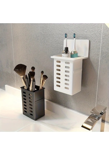 Willowhaven Beyaz Duvar Tipi Makyaj Fircasi Dis Fircasi Askisi Plastik Celik Organizer Drillsiz Montaj Beyaz