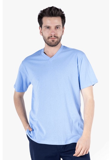 T-shirt V Yaka %100 Pamuk Gök Mavi