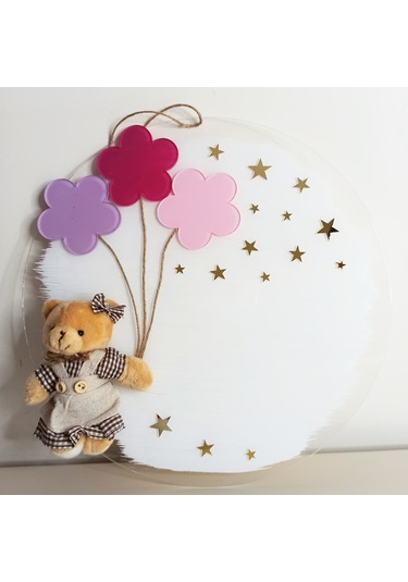 Kişiye Özel İsimli Ayıcıklı Kız Bebek Kapı Süsü Beyaz - Pembe