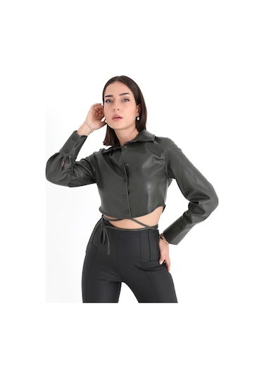 İçi Kadife Bağcıklı Kadın Kısa Deri Gömlek - Haki-haki Haki