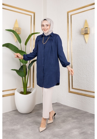 Önü Büzgülü Bilek Lastikli Tunik - Lacivert / Ü104 Lacivert