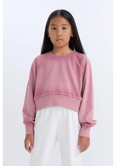 DeFacto Kız Çocuk Relax Fit Bisiklet Yaka Crop Basic Düz Sweatshirt D6994A824WNBR277 Bordo