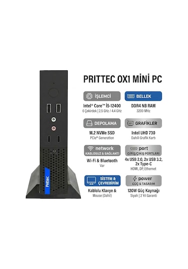 Prittec OX1 Q7-TH610Lİ51240012 i5-12400 12 GB 512 GB SSD Dos Mini PC