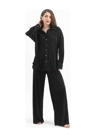 Düğme Detaylı Örme Pilise Takım - Siyah-siyah Siyah