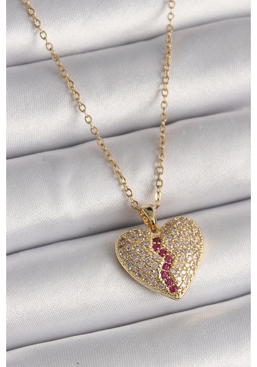 Gold Renk Zincir Zirkon Taşlı Kalp Model Kadın Kolye - Ebj241228w30252 Bakır