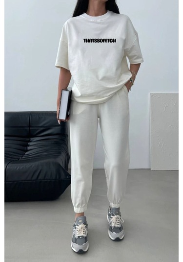 Thatssofetch T-shirt Eşofman Altı Jogger - Beyaz Baskı Alt Üst Eşofman Takımı Oversize Bisiklet Yak Beyaz