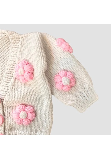 Uretti - Gülnur 2184 - El Örgüsü Pembe Çiçekli Kız Çocuk Hırka 4 Yaş - Beyaz Beyaz