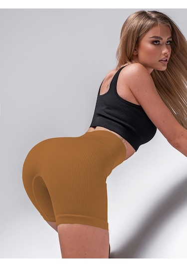 Mistirik Dublin Model Biker Örme Kumaş Seamless Model Fitilli Şort Caramel Renk Caramel