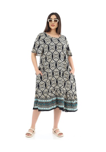 Kadın Viskon Yarım Kol O Yaka Cepli Fırfırlı Elbise Desenli Çok Renkli