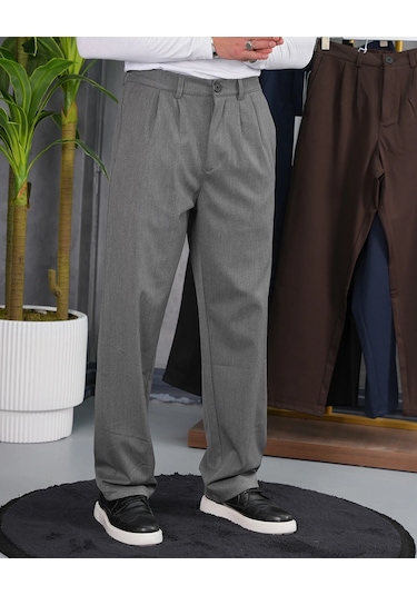 Modefendi Baggy Kesim Pile Detaylı Kumaş Pantolon Gri