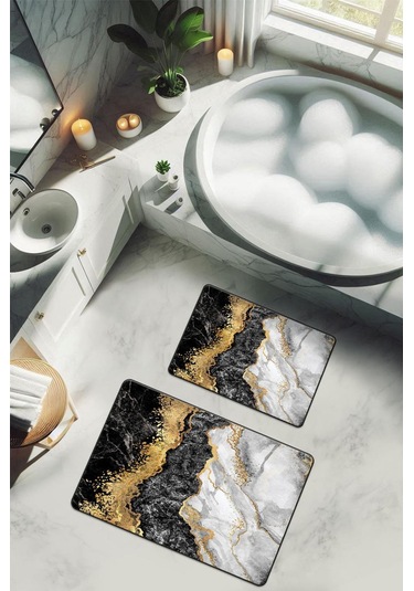 Yıkanabilir Kaymaz Tabanlı Modern Desenli 2'li Banyo Paspas Takımı Bps0042 Renkli