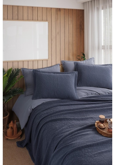 İyi Geceler İstanbul Zen Stone İndigo Çift Kişilik %100 Pamuk Yatak Örtüsü Seti Indigo