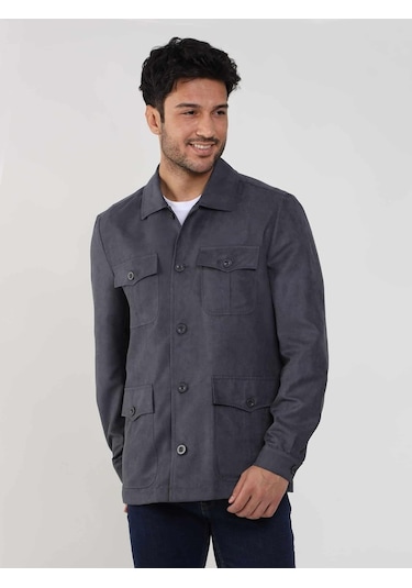 Dufy Gri Erkek Regular Fit Düz Klasik Yaka Süet Mont - 105399-Gri