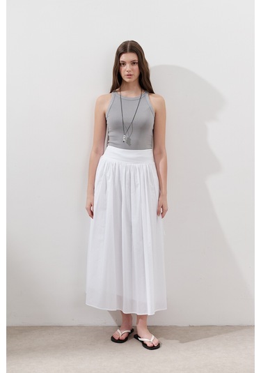 Bağlama Detaylı Geniş Etek Ekru Ekru