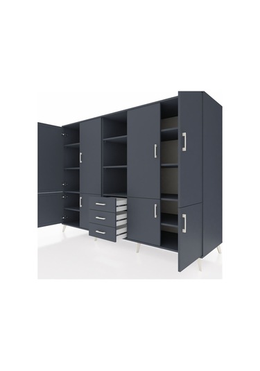 Kronos Dolap 11 Raflı 3 Çekmeceli 8 Kapaklı 220x59x163 Antrasit-a Antrasit-antrasit